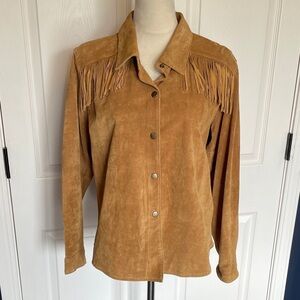 Vintage Carole Little Tan Suede Fringe Leather Jacket Snap Buttons Size 14 P